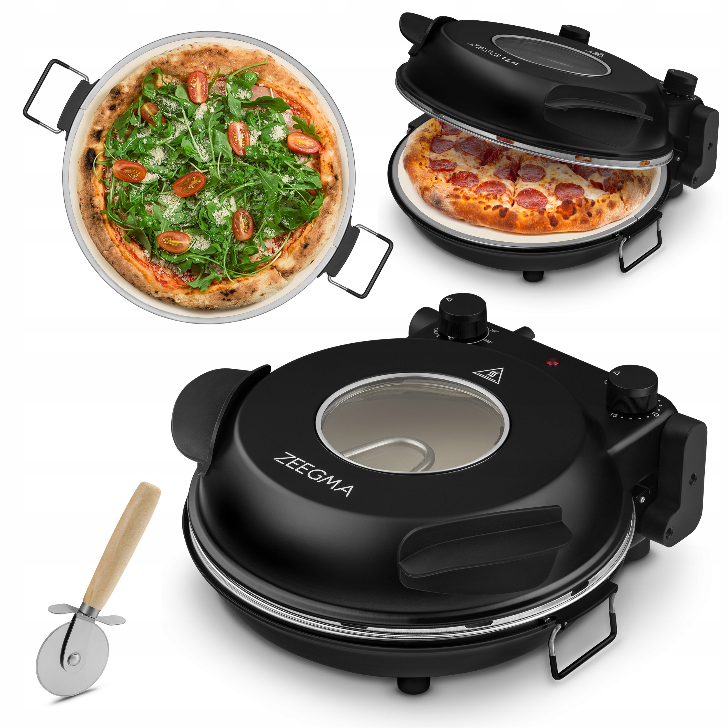 Rúra na pizzu 400°C 1200W 30cm Termostat Časovač Okno Zeegma ZADARMO Nôž + Nôž na pizzu ZE-PIZZA CHEF ČIERNY